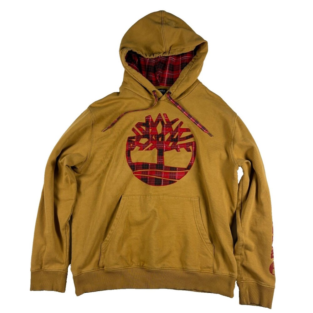Timberland TB0A29GM Men XL Wheat Plaid Tree Logo Hoodie Tartan Pullover